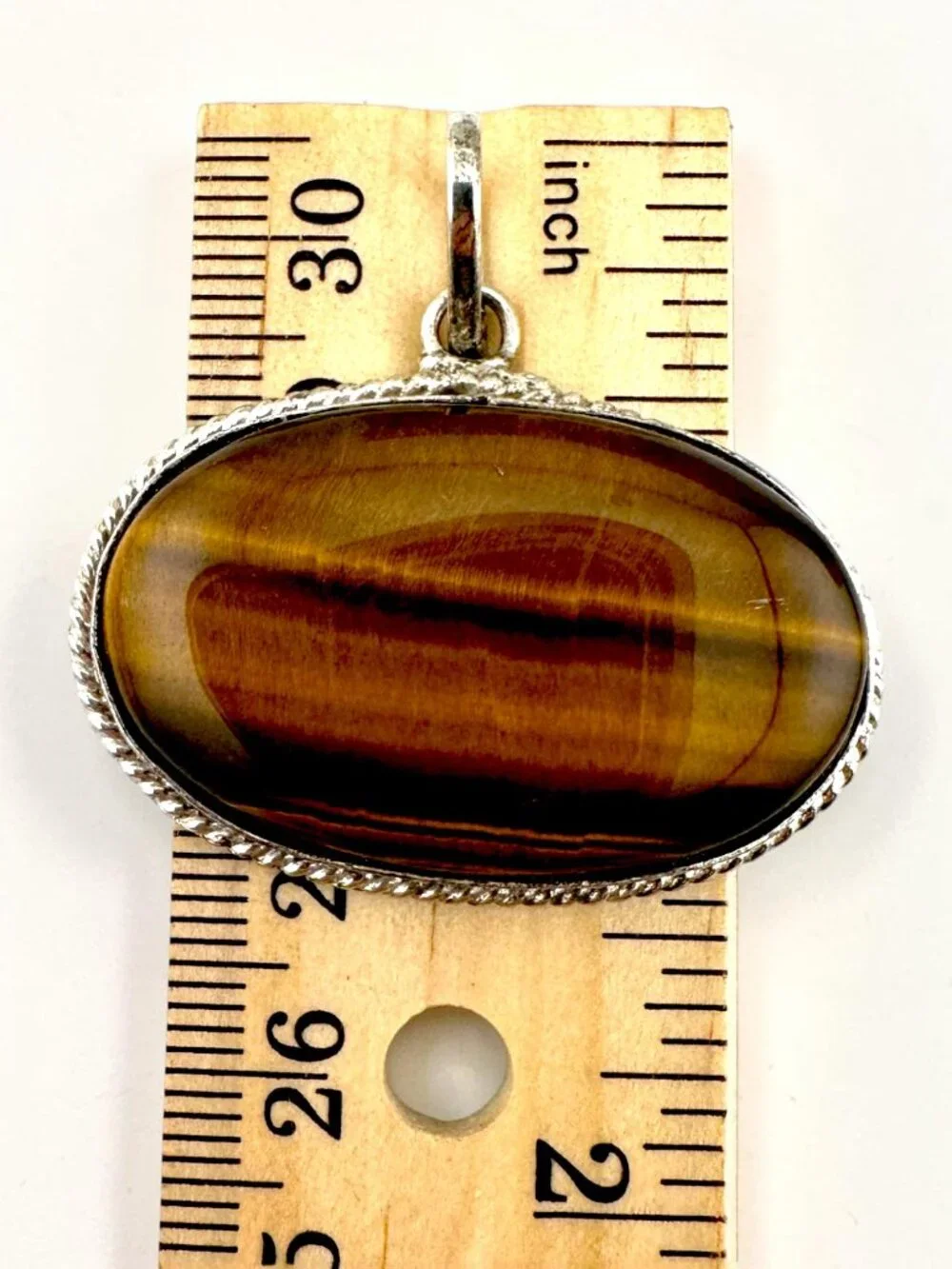 Large Tiger’s Eye Pendant East West Cabochon Vintage Silver Artisan